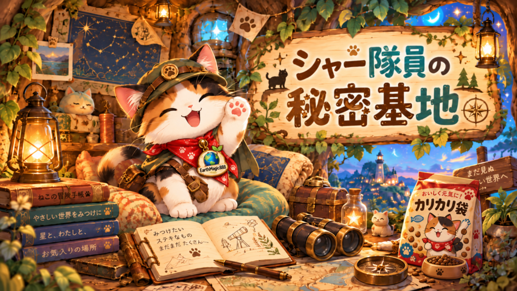 赤いバンダナとEarthMagic888のバッジをつけた三毛猫のシャー隊員。カリカリ袋や探検道具が並ぶ、森の秘密基地のイラスト。